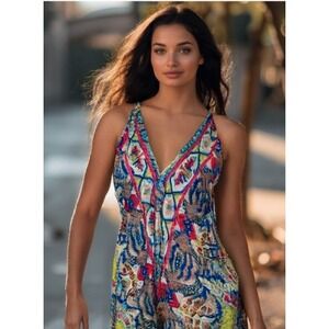 Silk Art Print Maxi Dress One Size Floral Paisley Blue TieBack VNeck Sleeveless